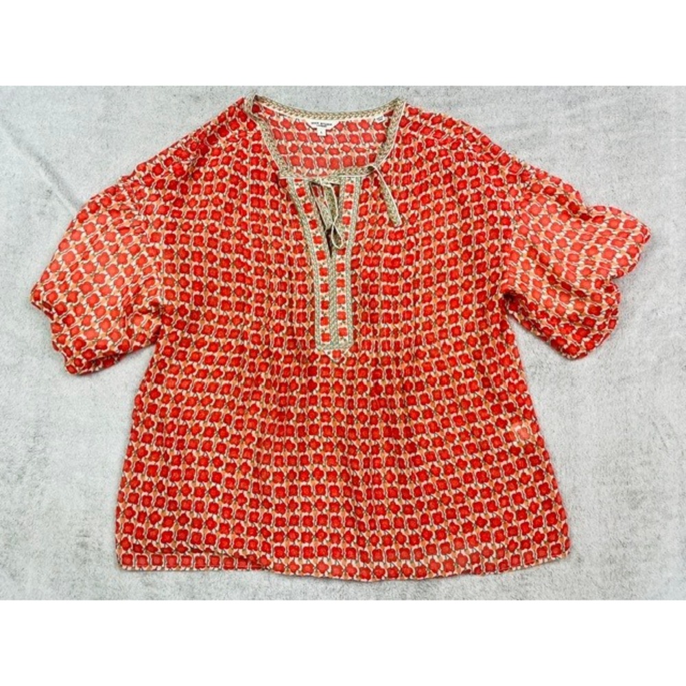 Max Studio London Red Floral Peasant Blouse Size L Keyhole Tie Neck Puff Sleeve